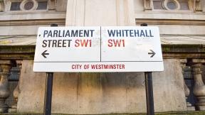 A street sign showing " Parliament Street" to the left and "Whitehall" to the right.
