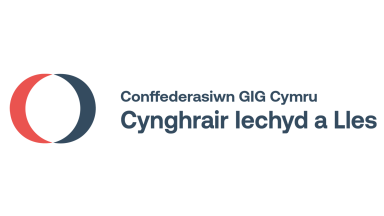 In English: This image features the logo of the Welsh NHS Confederation Health & Wellbeing Logo. In Welsh: Conffederasiwn GIG Cymru Cynghrair lechyd a Lles.