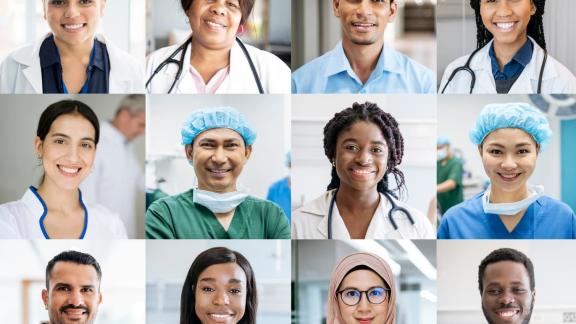 Banner with thumbnail images of healthcare workers