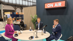 Victoria Macdonald, Matthew Taylor and Richard Sloggett seated at a table recording a podcast
