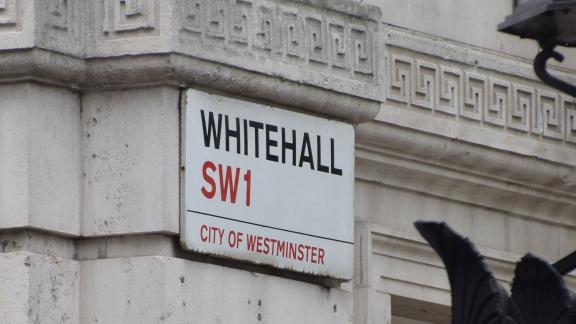 A sign reading "Whitehall, SW1, City of Westminster".