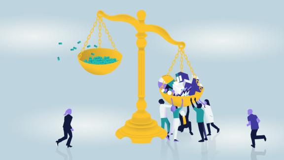 Illustrated scene showing an imbalanced scale. Right-hand side weighed down by symbols representing costs affecting NHS, such as buildings, medication and treatments. The left-hand side of the scale has money being depleted.