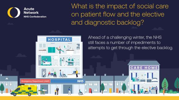 Graphic of a townscape with a hospital, row of homes and care homes