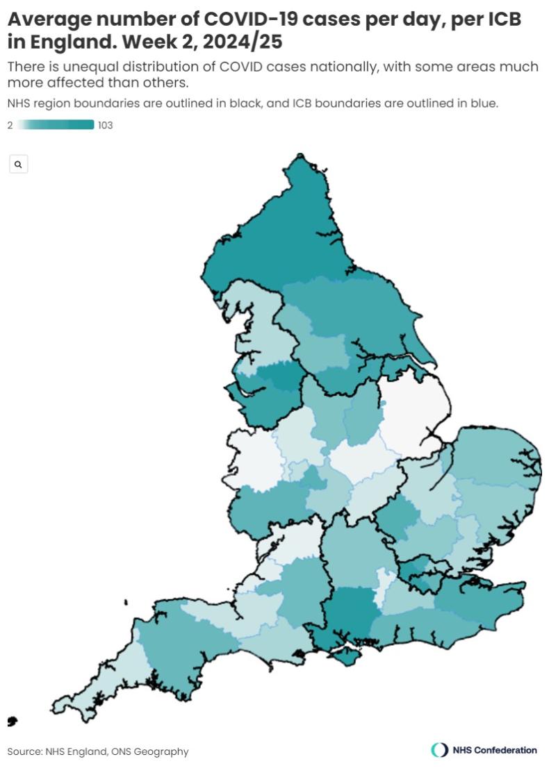 Map of England showing beds occupied by COVID-19 per ICB