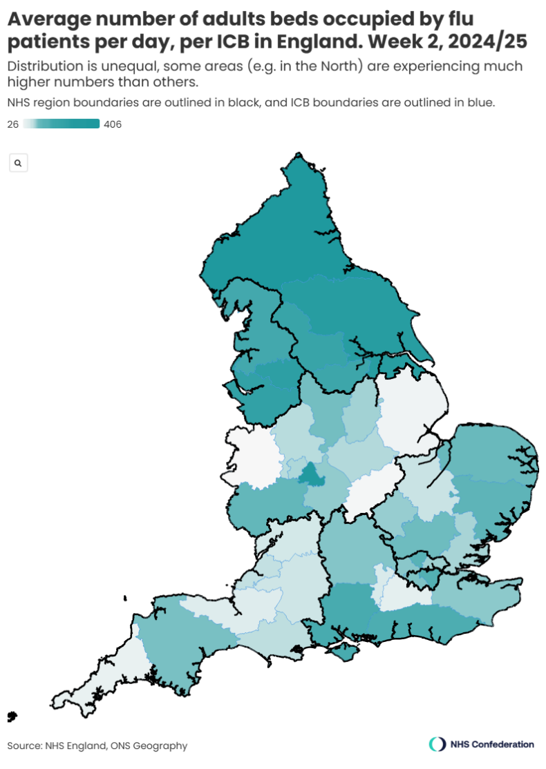 Map of England showing beds occupied by flu per ICB