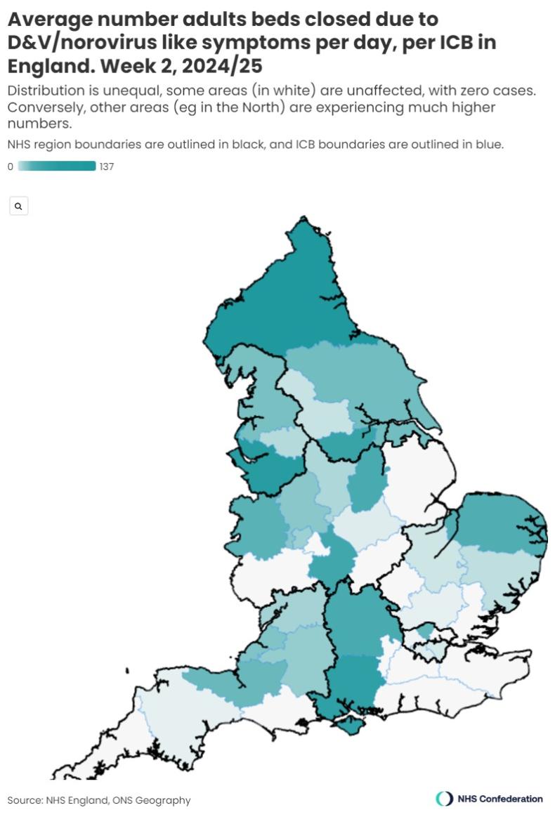 Map of England showing beds occupied by D&V per ICB