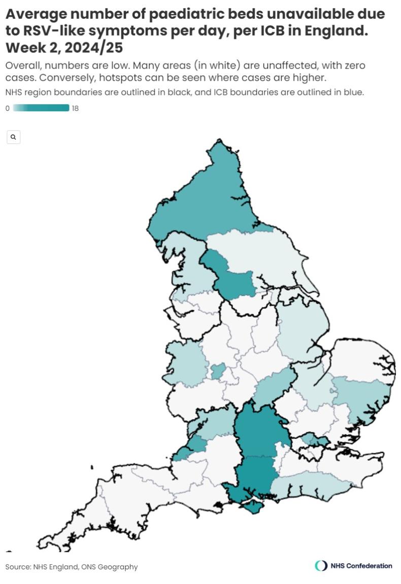 Map of England showing beds occupied by RSV per ICB