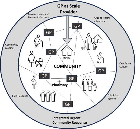 Diagram of interconnections of GP at scale provider and integrated community response